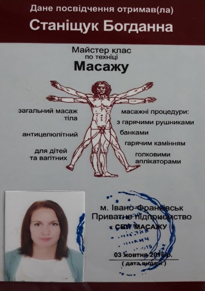 Сертифікат по завершенню курсів з масажу Станіщук Богдана